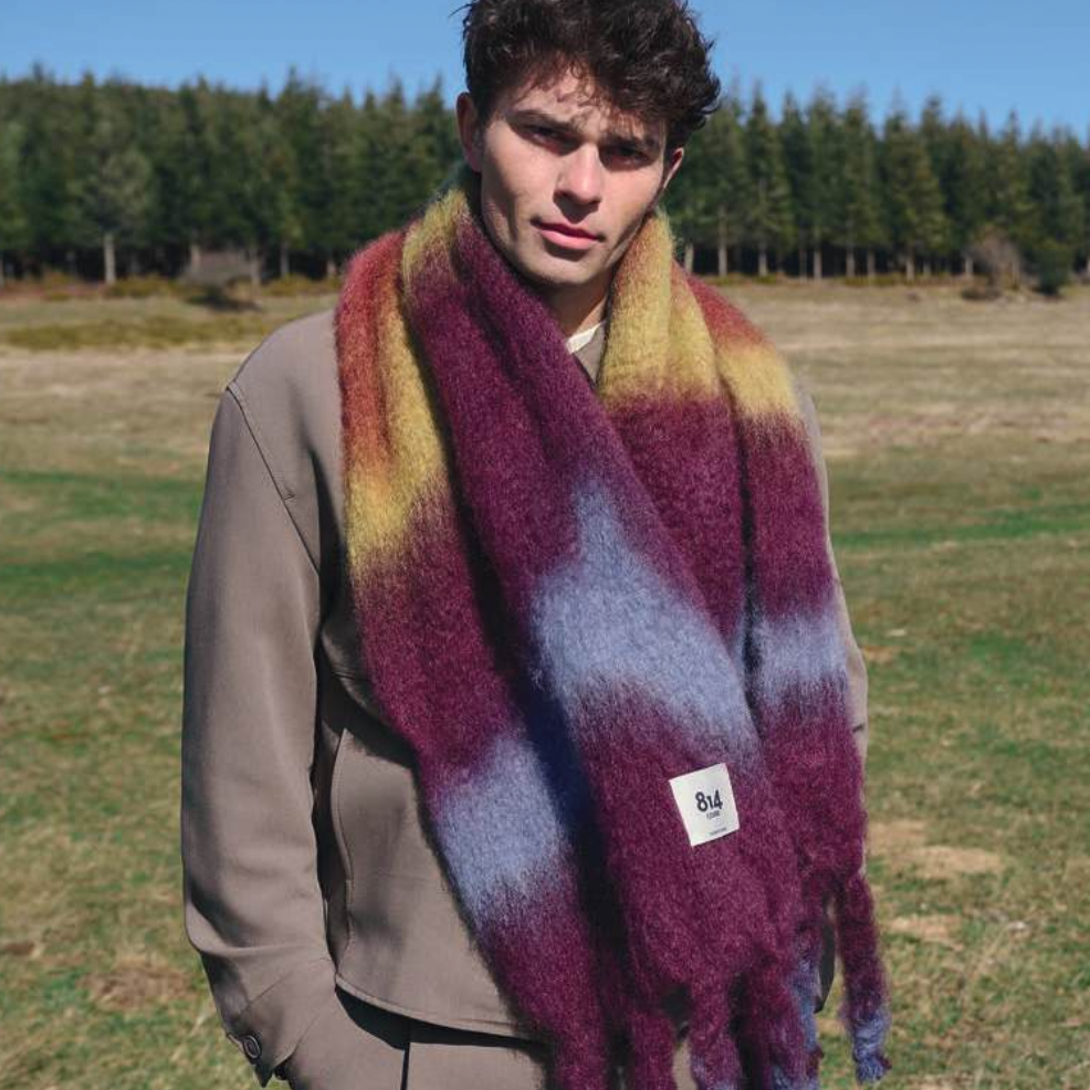Colorful tie-dye mohair fringe scarf in berry tones, stylish accessories by 814 Ezcaray featuring soft fringed edges.