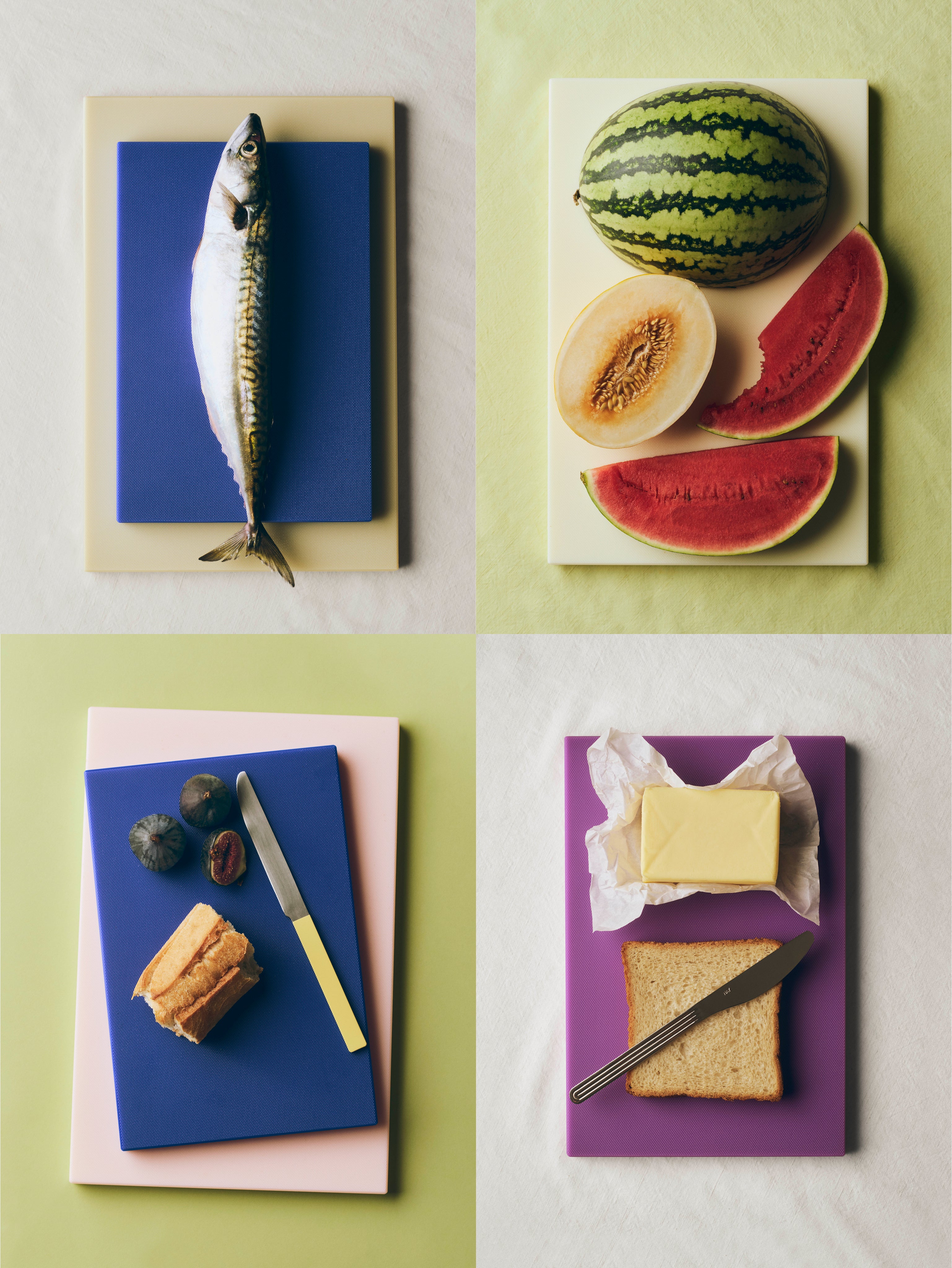 Four food items on colorful backgrounds with a fish, watermelon, bread, and butter.
