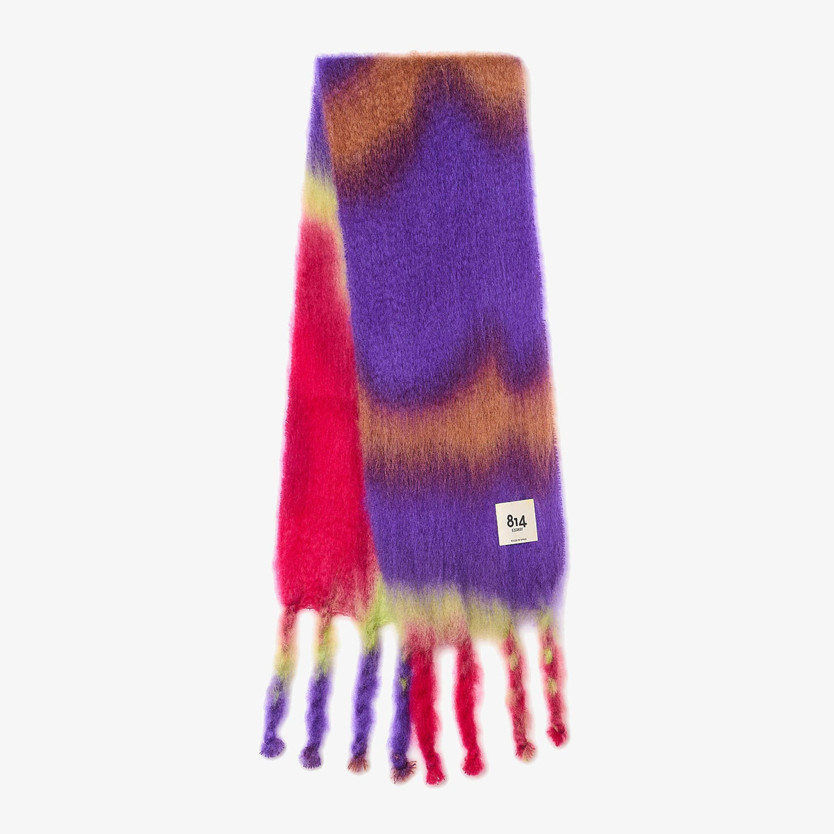 Colorful tie-dye mohair fringe scarf by 814 Ezcaray featuring vibrant wild violet hues and textured fringe details.