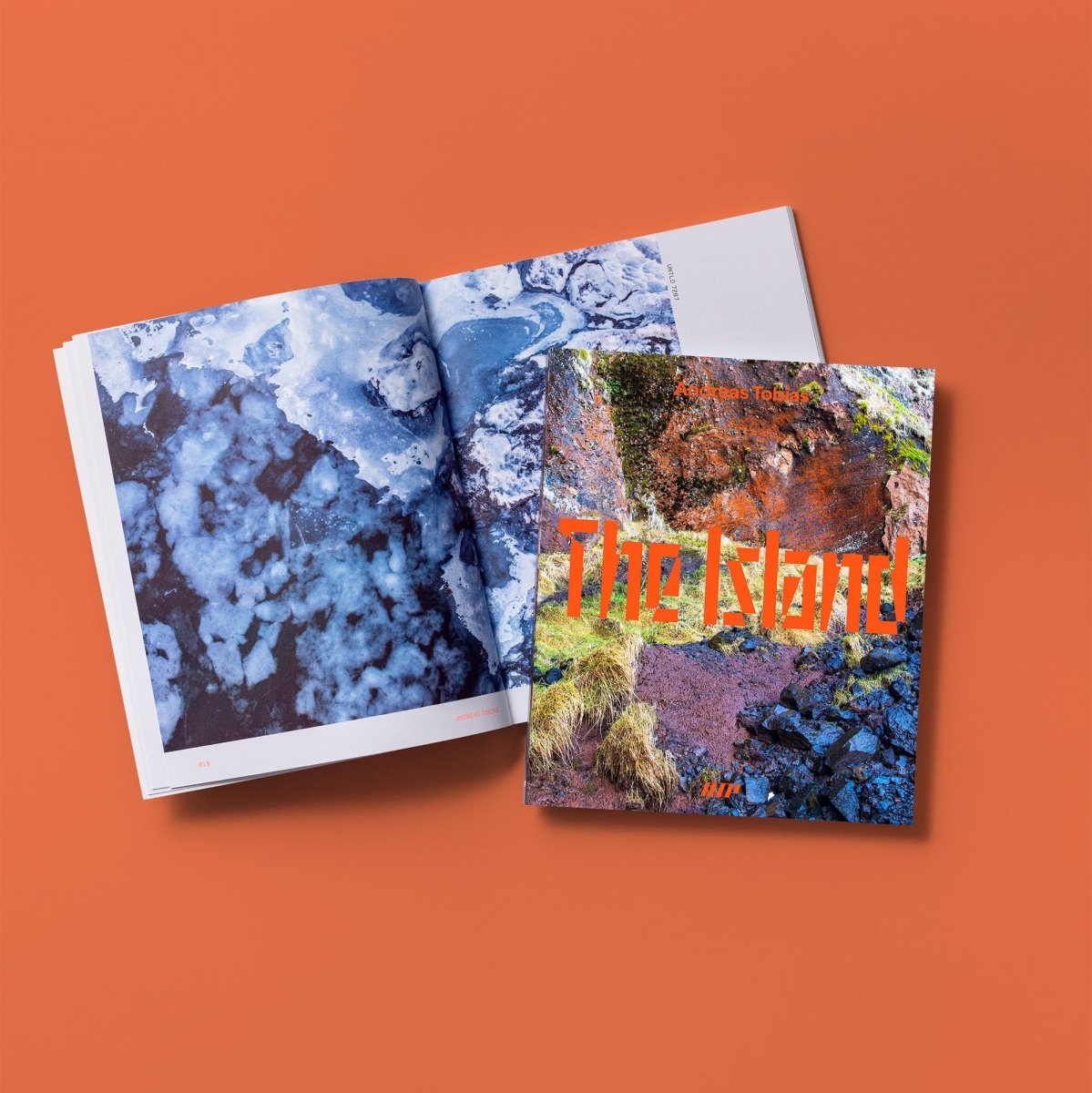Open book with nature-themed pages on an orange background