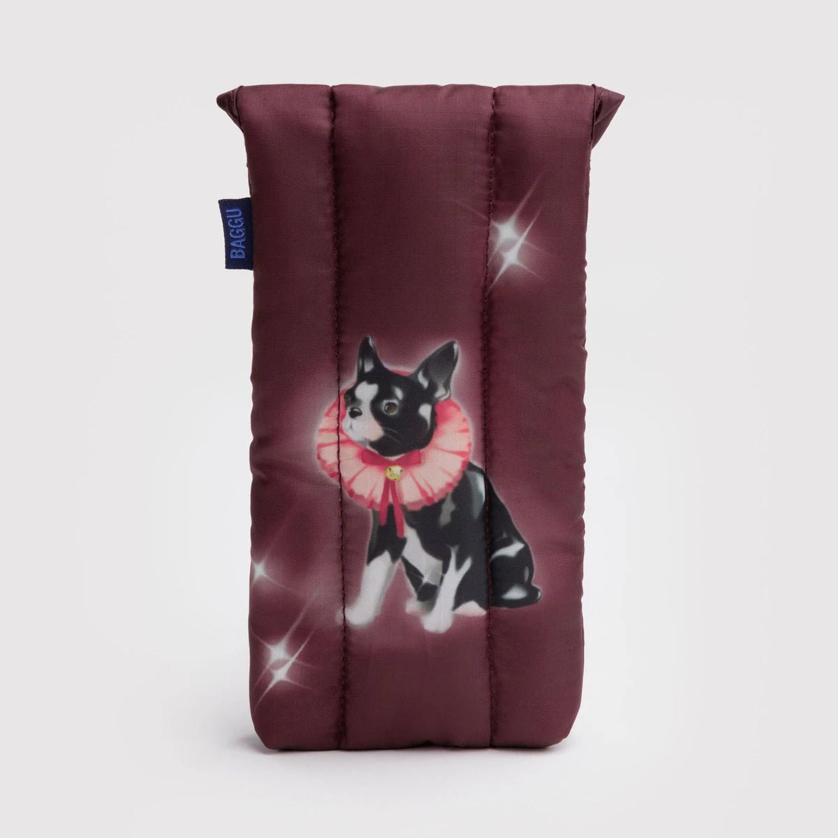 Maroon glasses case
 with a dog illustration on a white background