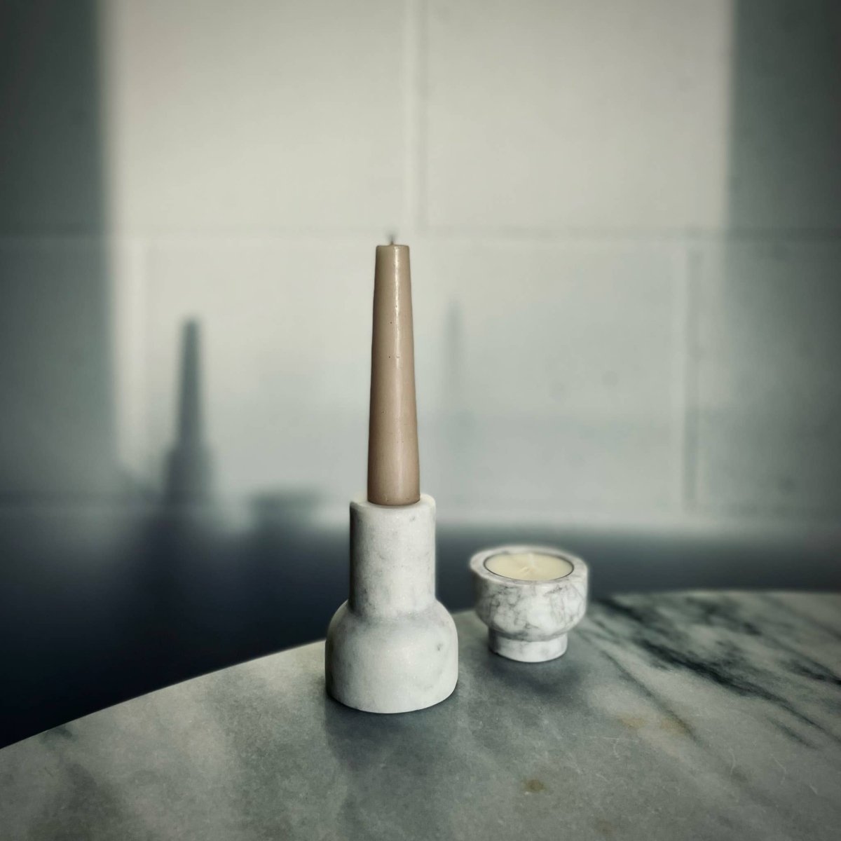 Marble Tealight and Taper Candle Holder: Pearl White