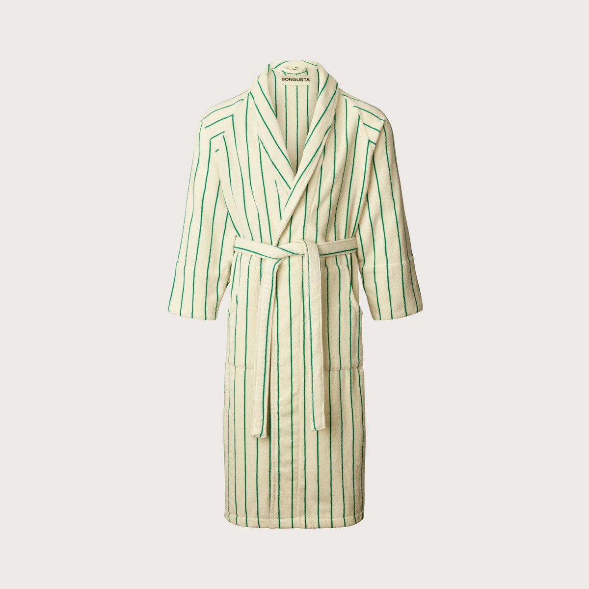 Pure white and grass green Naram bathrobe by Bongusta, soft cotton bathroom robe in S/M size, displayed on a hanger.