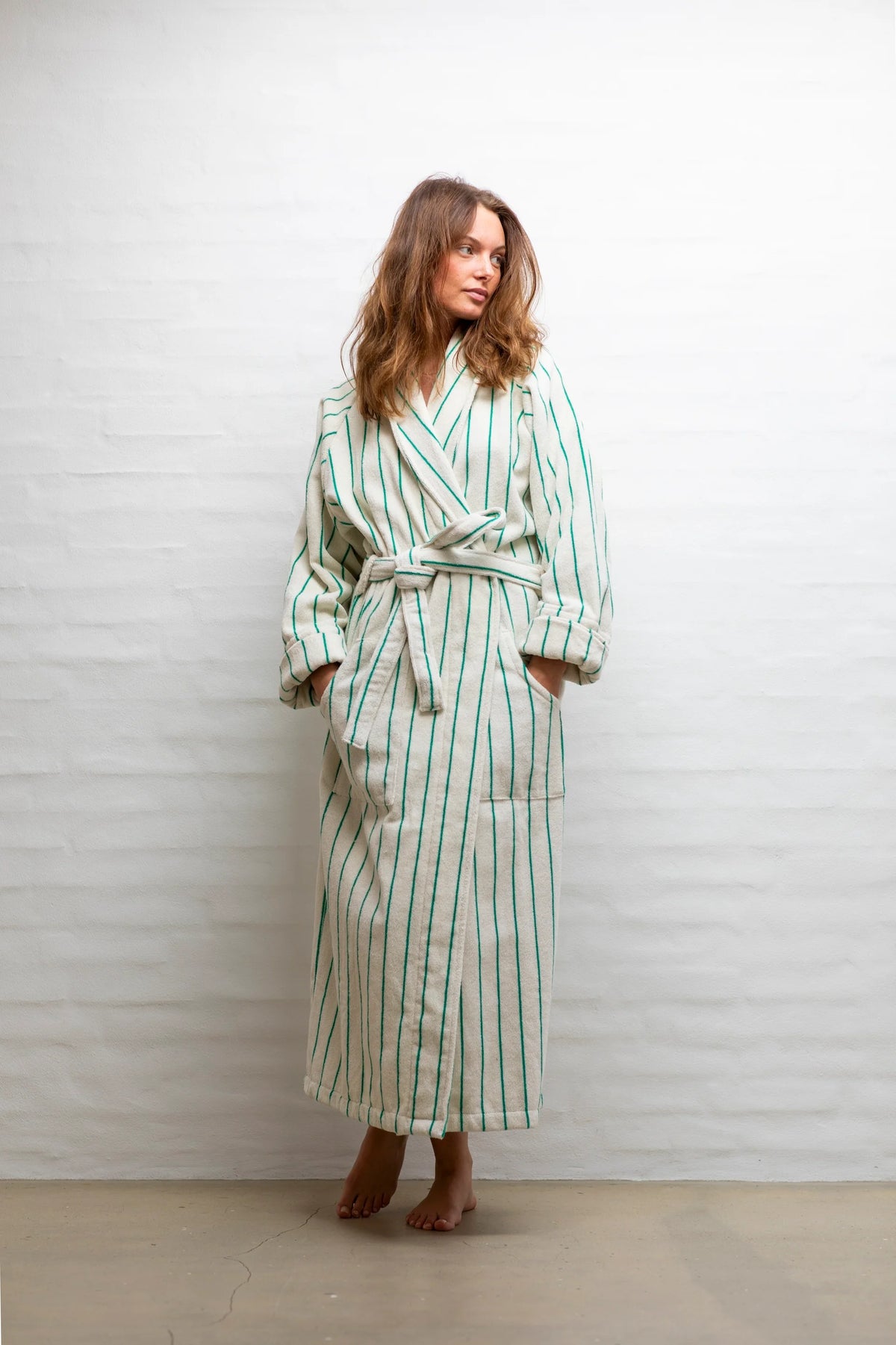 Pure white Naram bathrobe by Bongusta in grass S/M, made from soft, plush fabric, designed for comfortable bathroom wear.