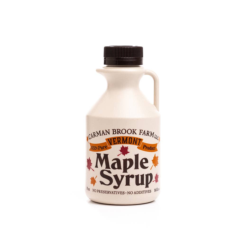 Carman Brook Farm Vermont Maple Syrup in a half-pint jar, amber rich taste, ideal for table syrup, with a natural maple flavor.