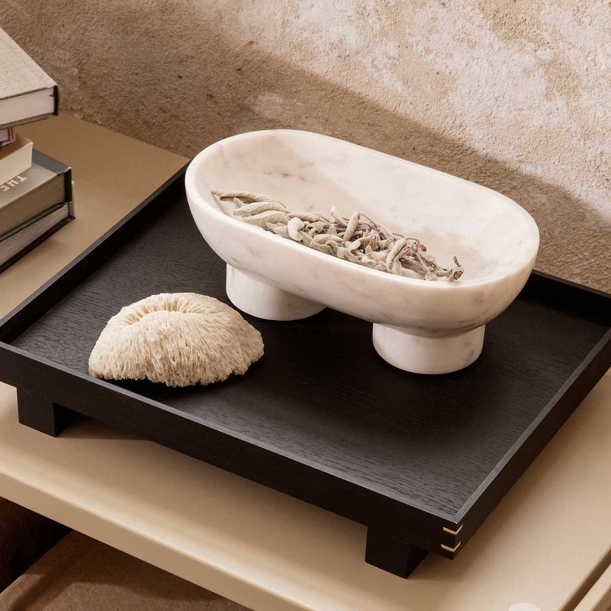 Small Ferm Living Bon Wooden Tray with rounded edges and natural wood finish, perfect for serving or decorative use.