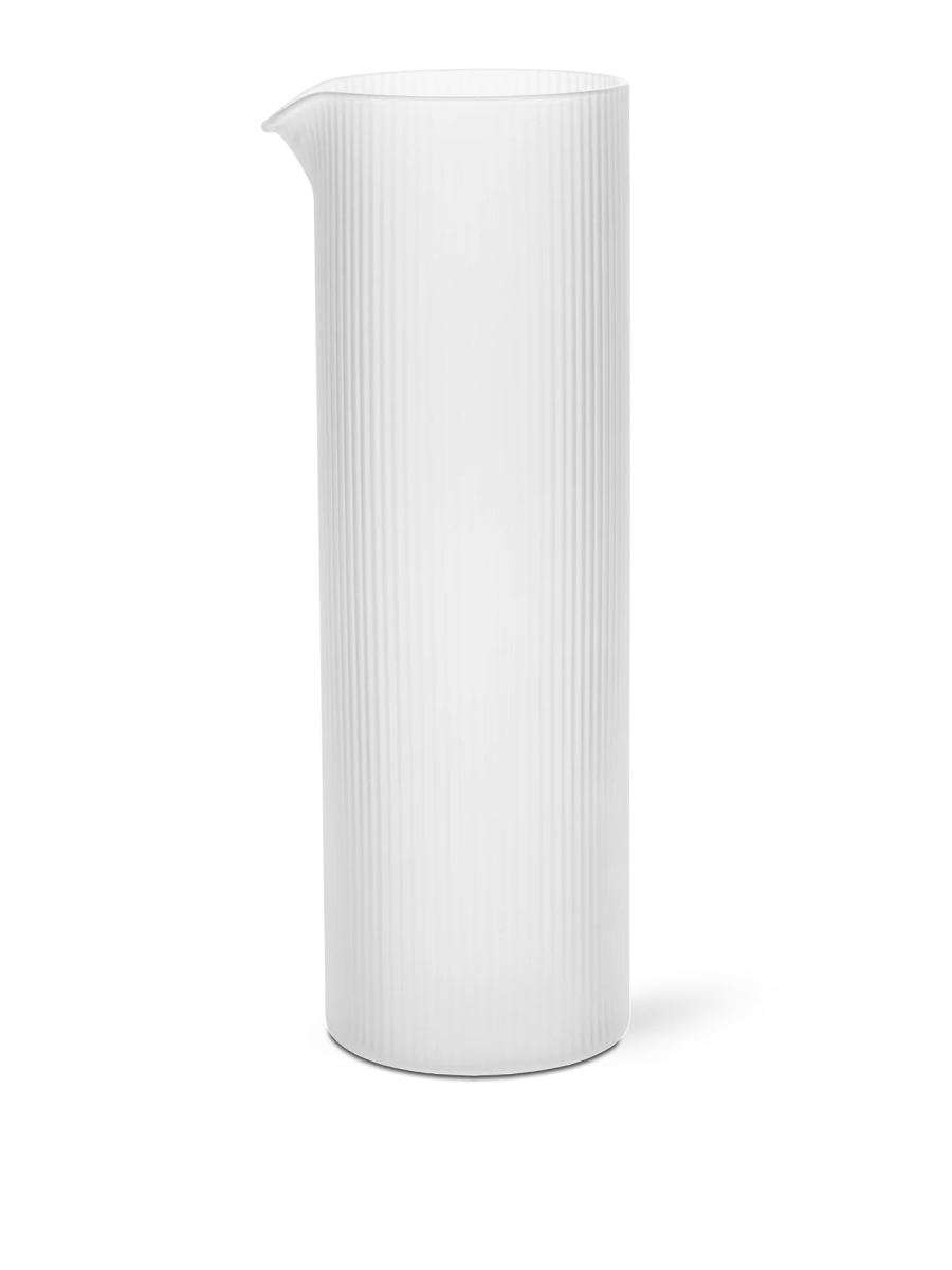 Ferm Living Ripple Water Jug in frosted glass with textured ripple design, ideal for serving beverages in a modern kitchen.