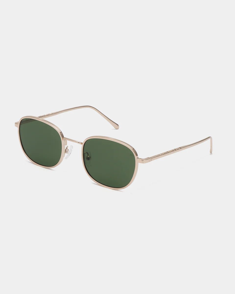 Gold Hello sunglasses by A. Kjaerbede with round frames and dark tinted lenses, stylish and trendy eyewear.
