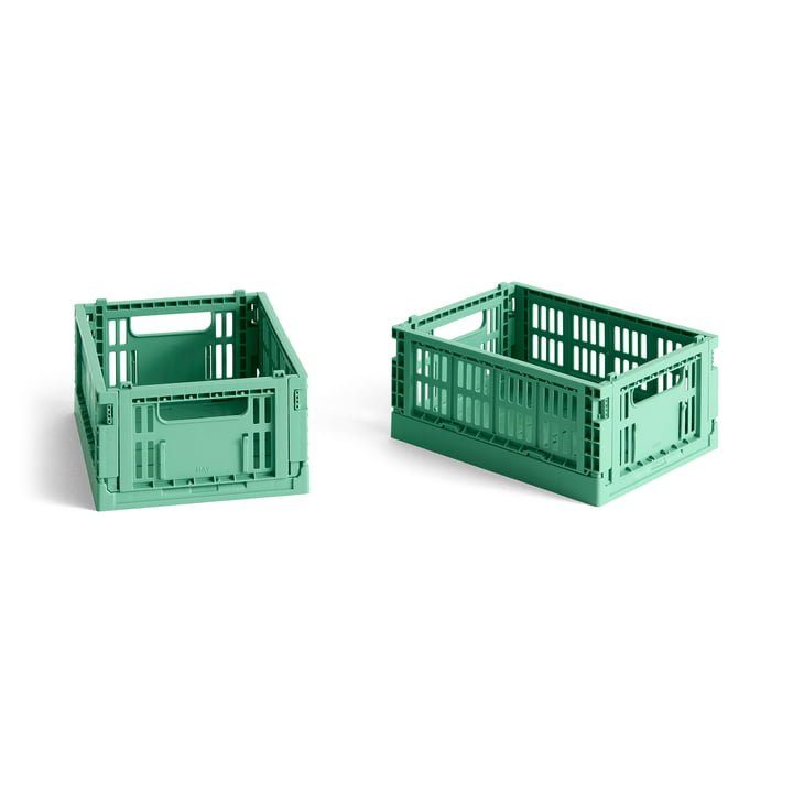 Set of two colorful HAY Mini Colour Crates for storage and organization, with vibrant mini crates in various colors.
