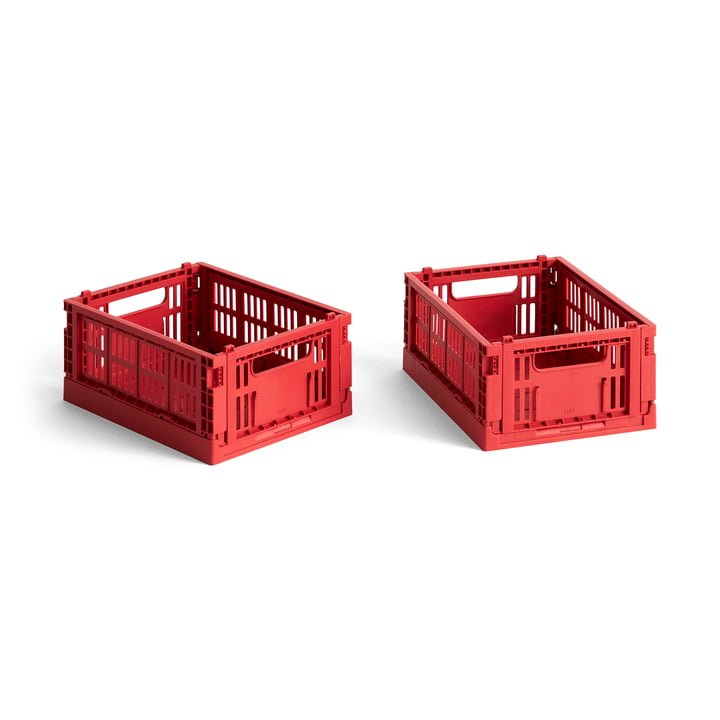 Set of 2 HAY Mini Colour Crates for storage and organization; small, vibrant plastic containers with handles.