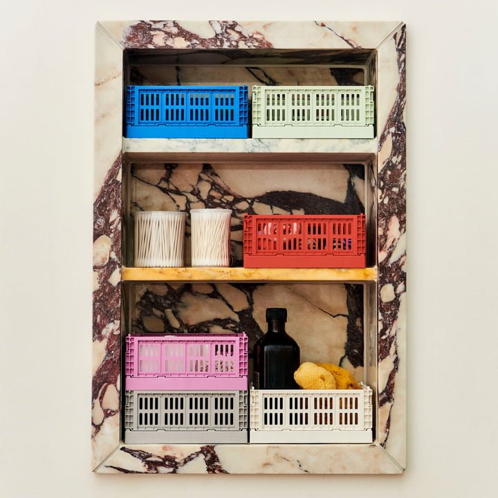 Set of two mini HAY Colour Crate storage baskets in vibrant colors, ideal for organization and decorative storage.
