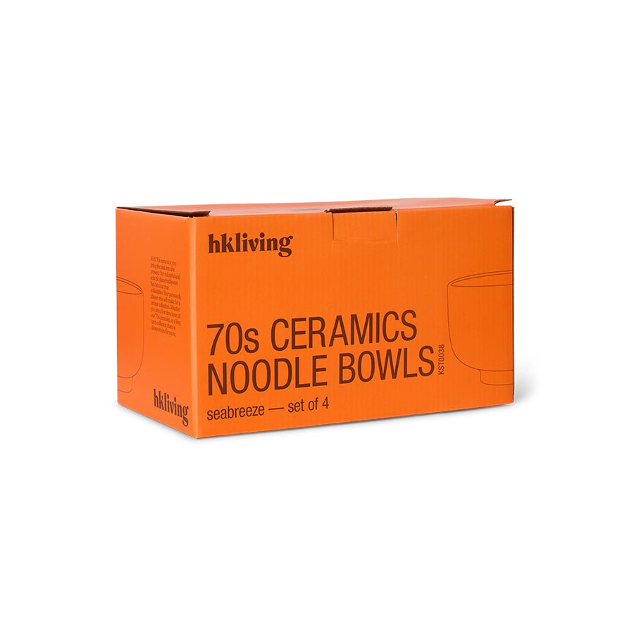 Set of four HKliving 70s Ceramics Noodle Bowls in Seabreeze color, stylish retro ceramic bowls for serving noodles or salads.