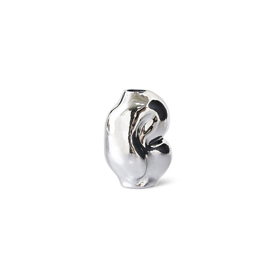 Small chrome glass vase from HKliving's Gleam collection, featuring a sleek, reflective surface and modern design.