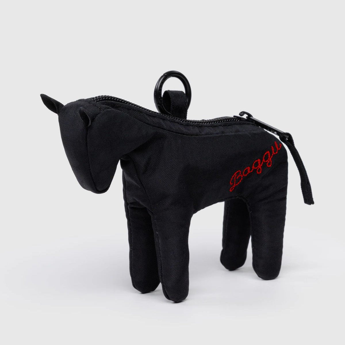 Black horse-shaped pouch with 'Baggu' branding on a white background