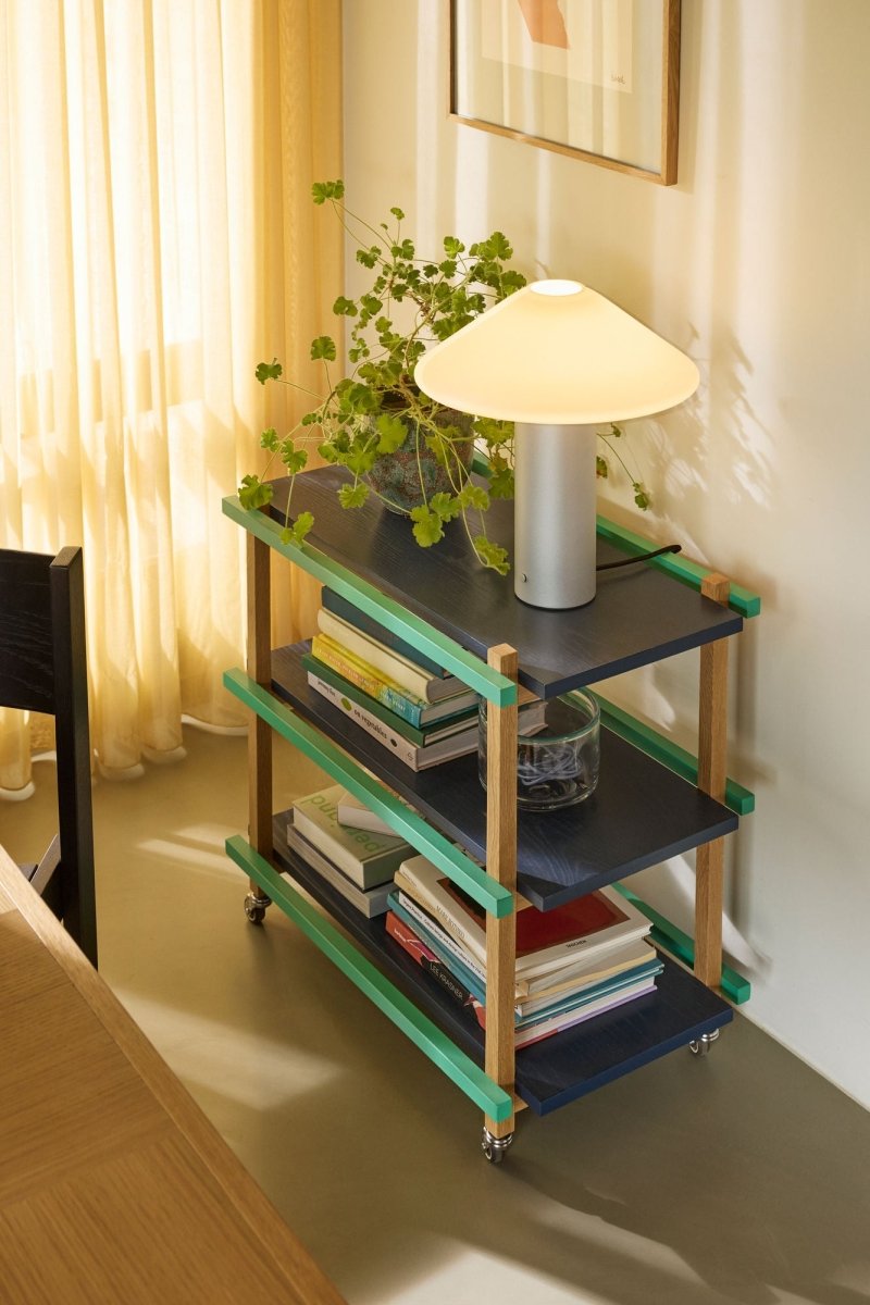 Colorful Hübsch Crayon Trolley furniture with multiple drawers, vibrant multicolour design, and sleek modern style.