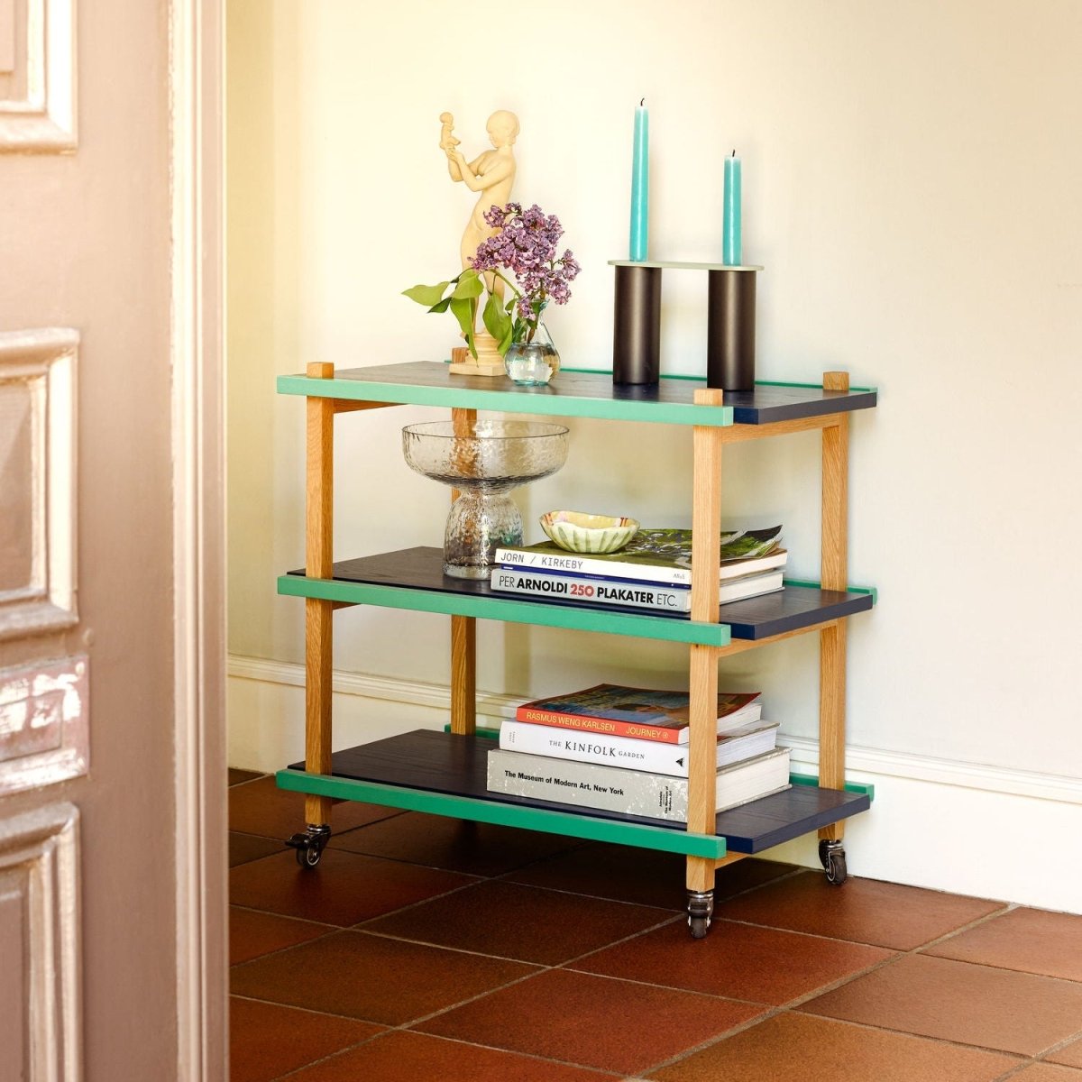 Multicolored Hübsch Crayon Trolley furniture with vibrant drawers and metal frame, ideal for stylish storage and organization.