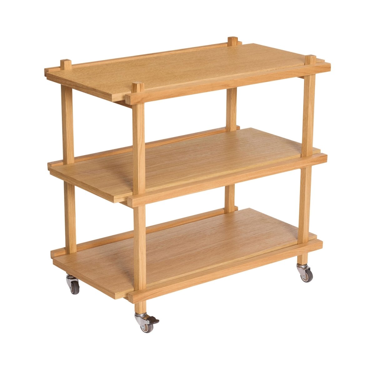 Hübsch Crayon Trolley in natural wood finish, modern furniture with multiple storage compartments on wheels.