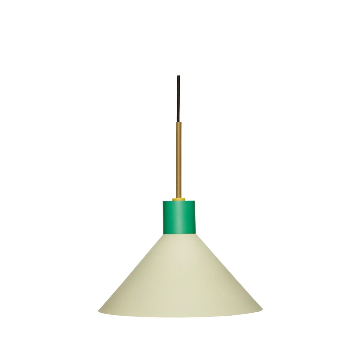 Green Hübsch Crayon pendant light hanging from the ceiling, modern lighting fixture with a smooth, rounded design.