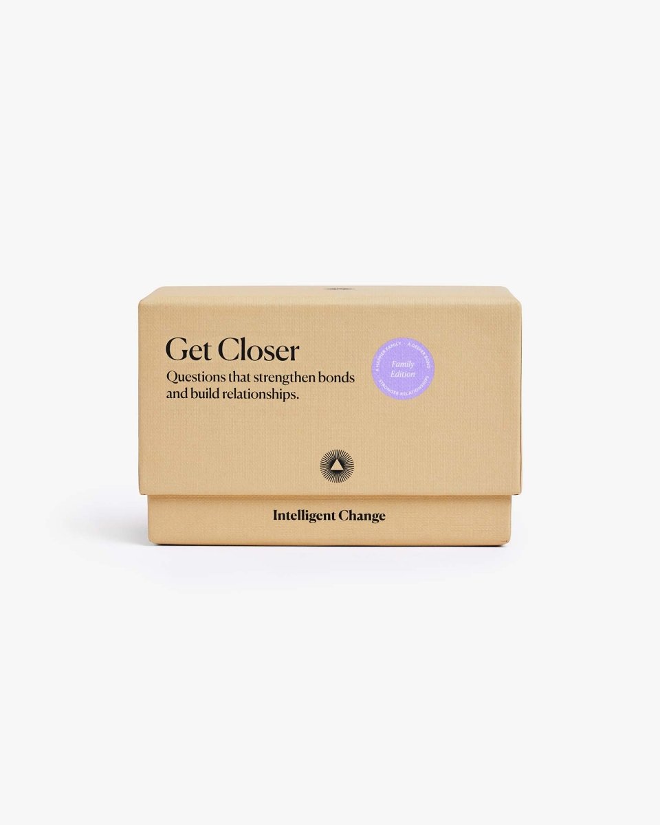 Let's Get Closer Family Edition bonding question card game by Intelligent Change, featuring colorful cards for family conversations.