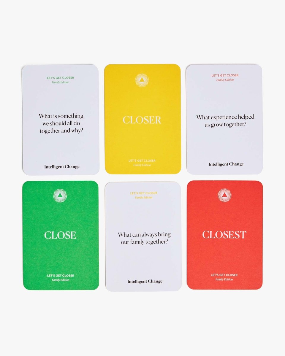 Let's Get Closer Family Edition bonding question card game by Intelligent Change, featuring colorful cards for family conversations.