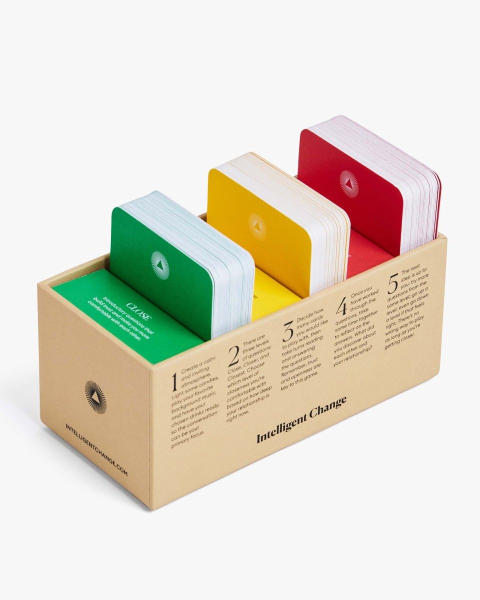 Let's Get Closer Family Edition bonding question card game by Intelligent Change, featuring colorful cards for family conversations.