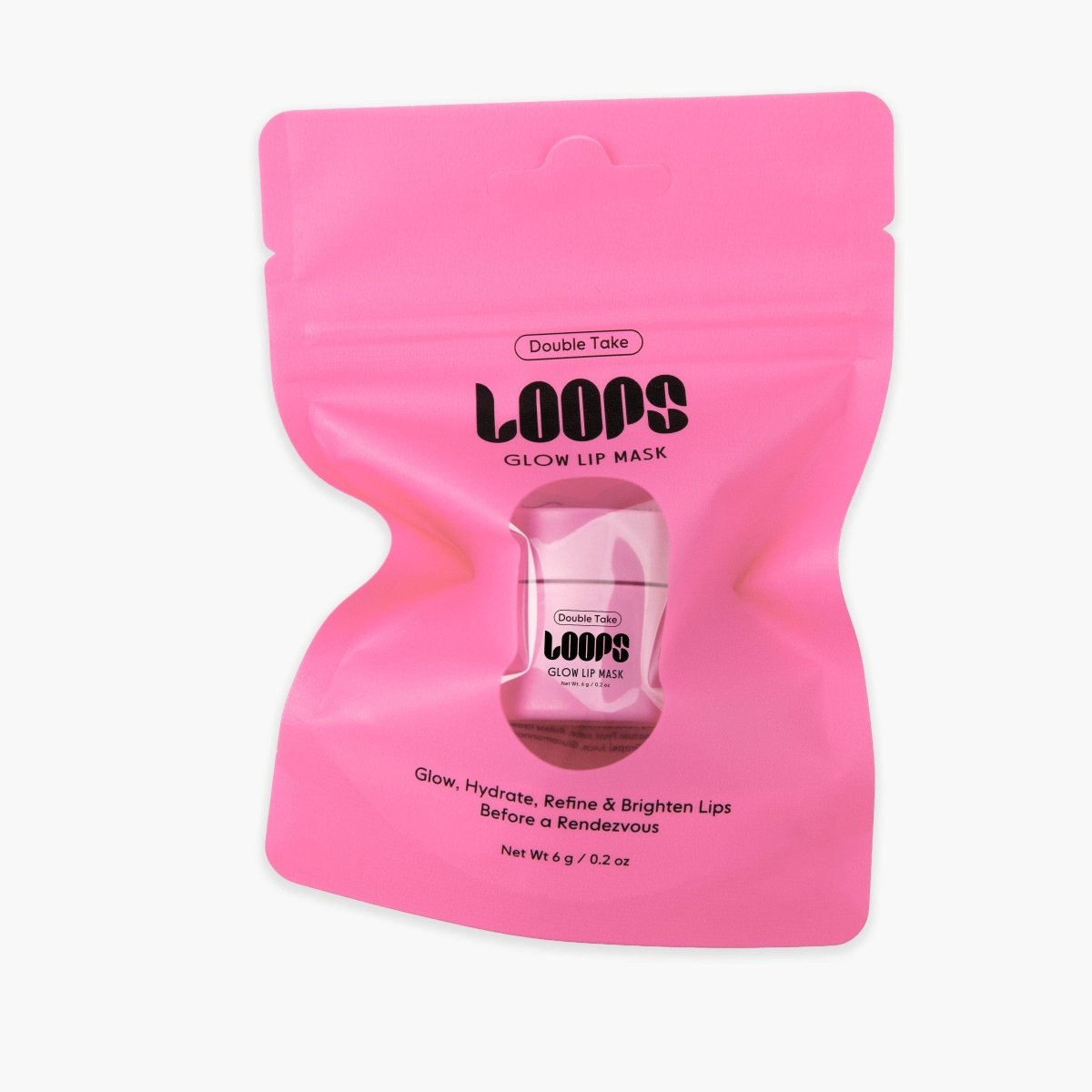 LOOPS Double Take Mini Lip Mask in a small jar, showcasing the nourishing lip treatment with a smooth, glossy finish.