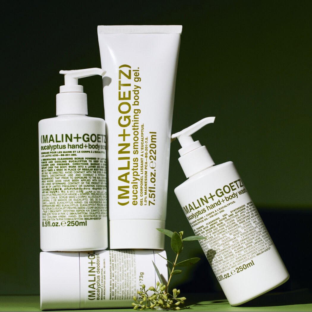 MALIN+GOETZ Eucalyptus Smoothing Body Gel in 220ml, featuring a clear gel texture with eucalyptus scent and botanical ingredients.