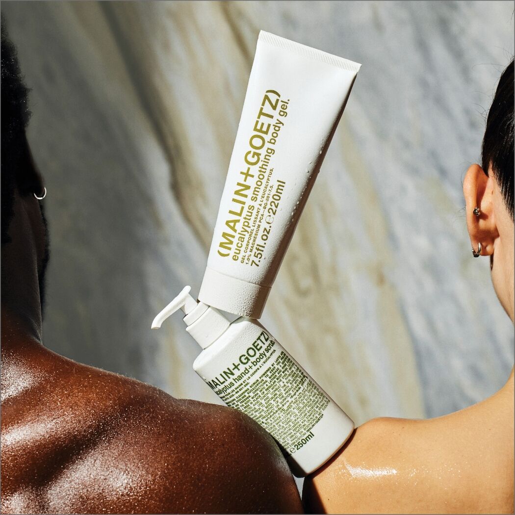 Malin+Goetz Eucalyptus Smoothing Body Gel in 220ml tube, showcasing a clear gel with eucalyptus scent, ideal for skincare.