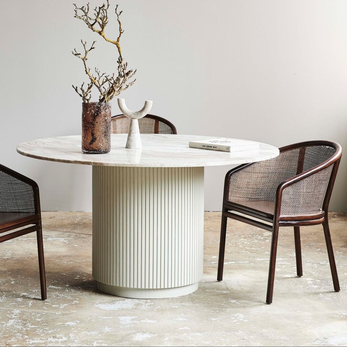 Nordal A/S Erie round dining table, 140cm, white wood with elegant ivory marble tabletop, modern furniture piece.