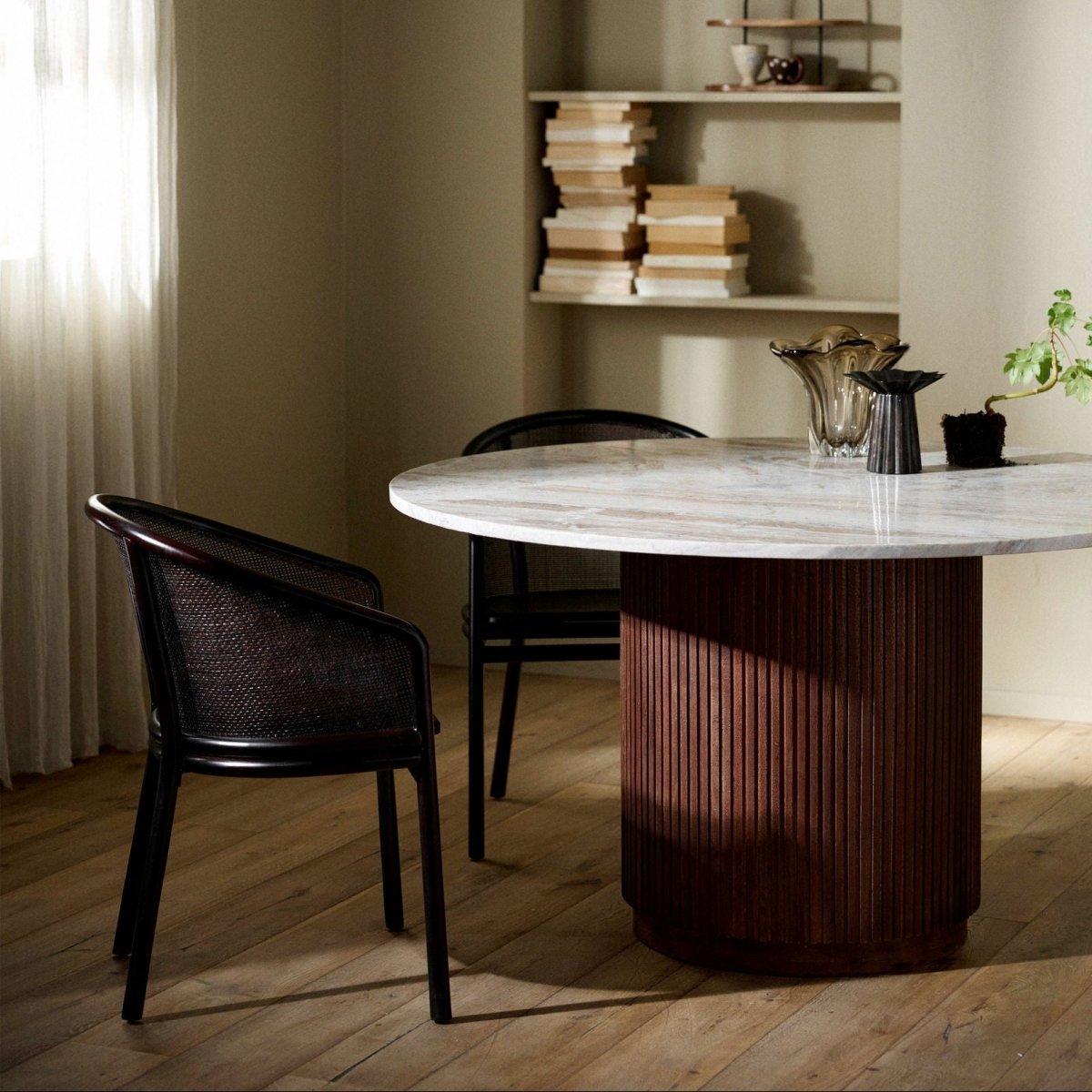 Nordal A/S ERIE round dining table, 140cm with wood finish and ivory marble tabletop, stylish modern furniture for dining rooms.