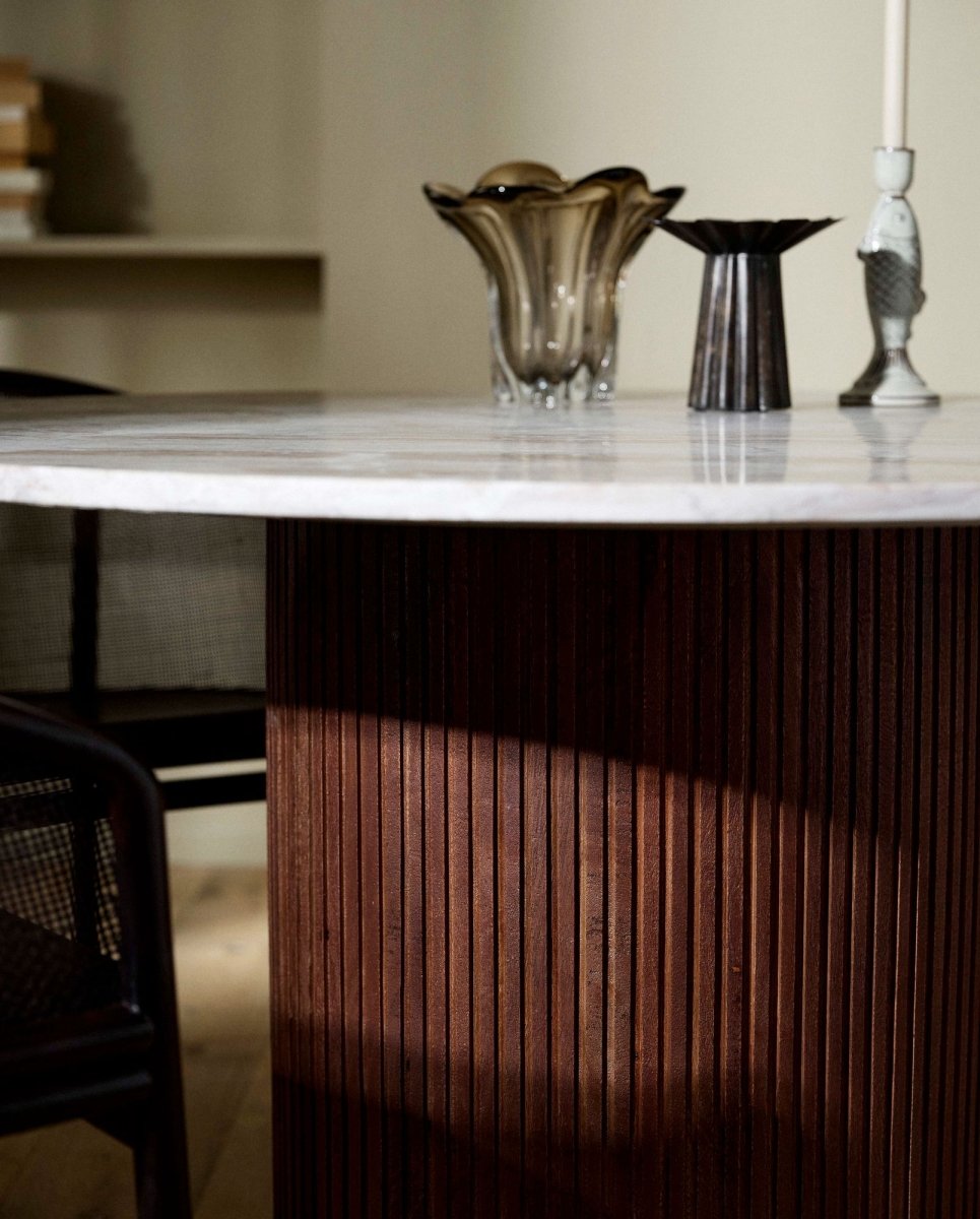 Nordal A/S ERIE round dining table, 140cm, wood finish with ivory marble tabletop, modern furniture for dining rooms.