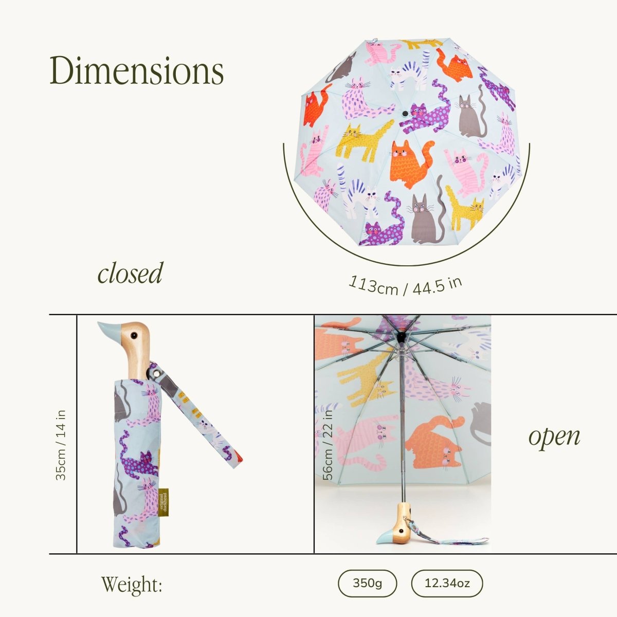Blue Ice Arty Cats Duck umbrella by Original Duckhead EU, featuring colorful cat artwork, open to showcase its design.