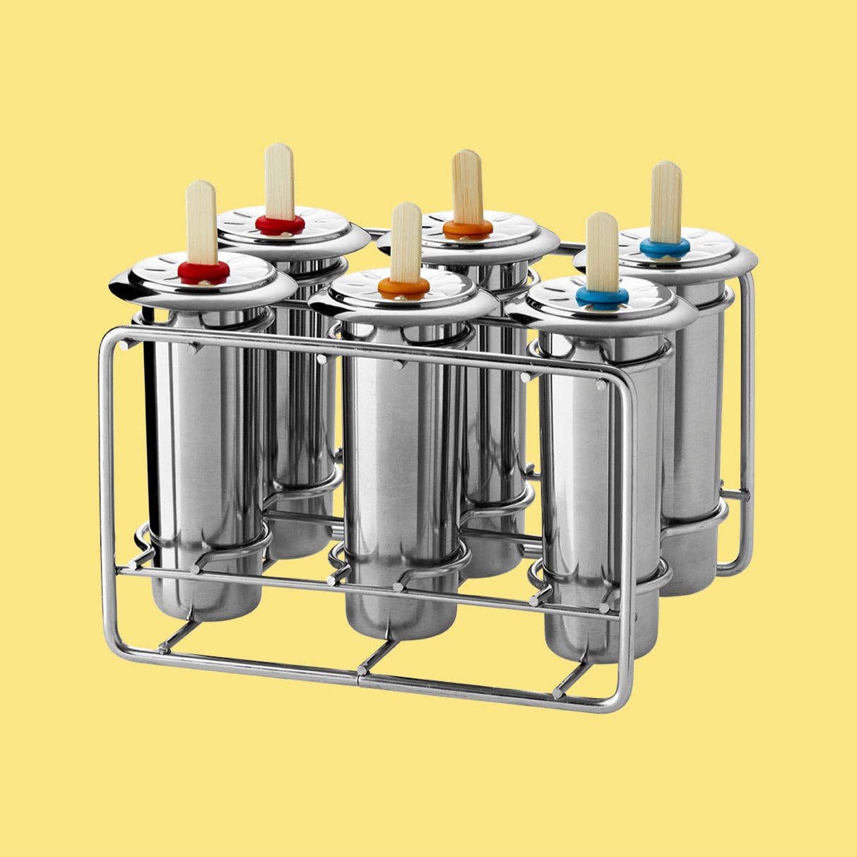Set of six Pulito reusable stainless steel Popsicle molds in round shape, BPA-free and plastic-free, with 80 ml capacity.