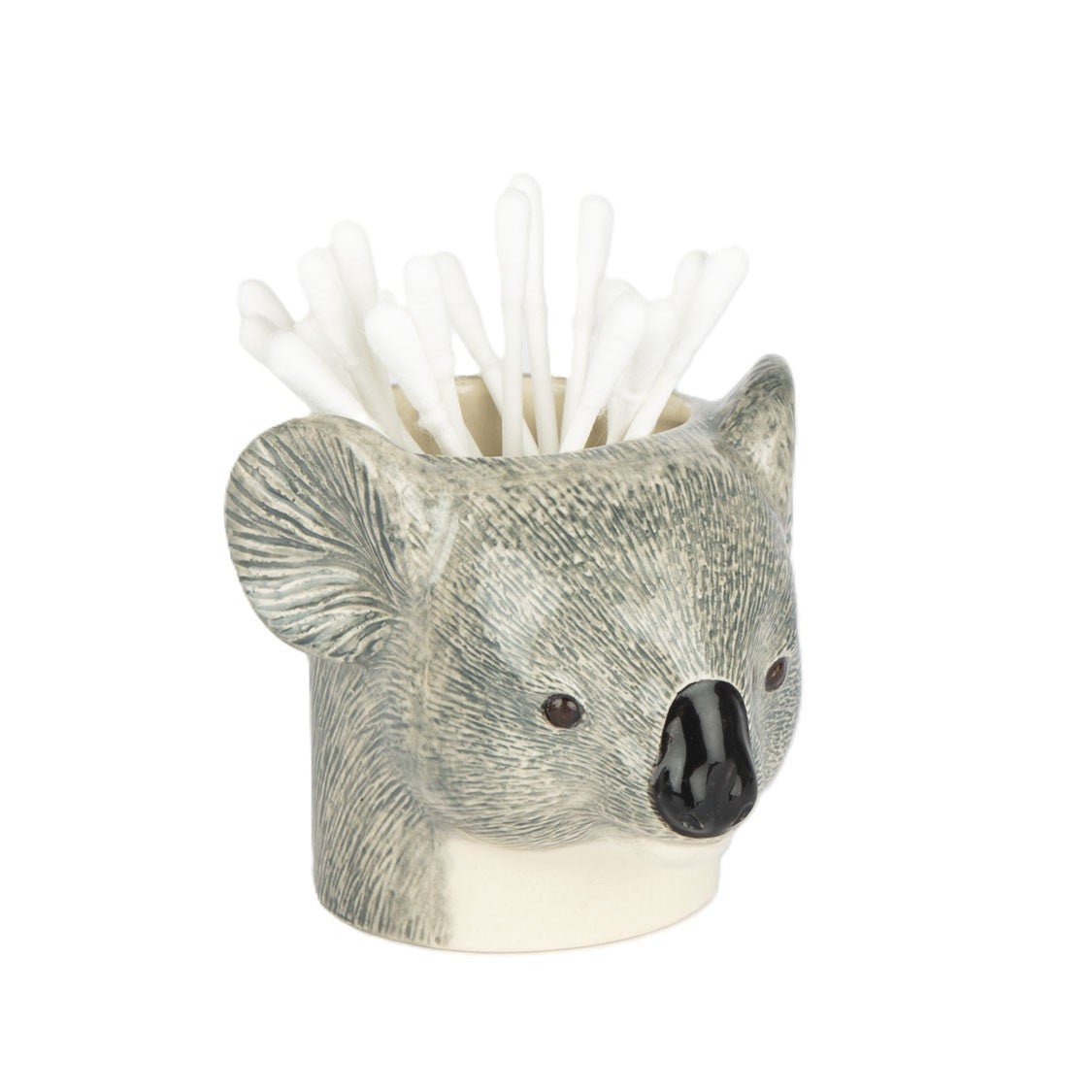 Koala-shaped toothpick holder with toothpicks on a white background