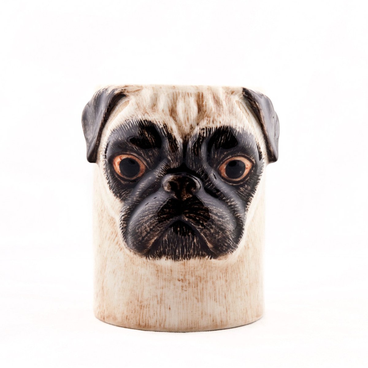 Ceramic mug with a pug dog face on a white background
