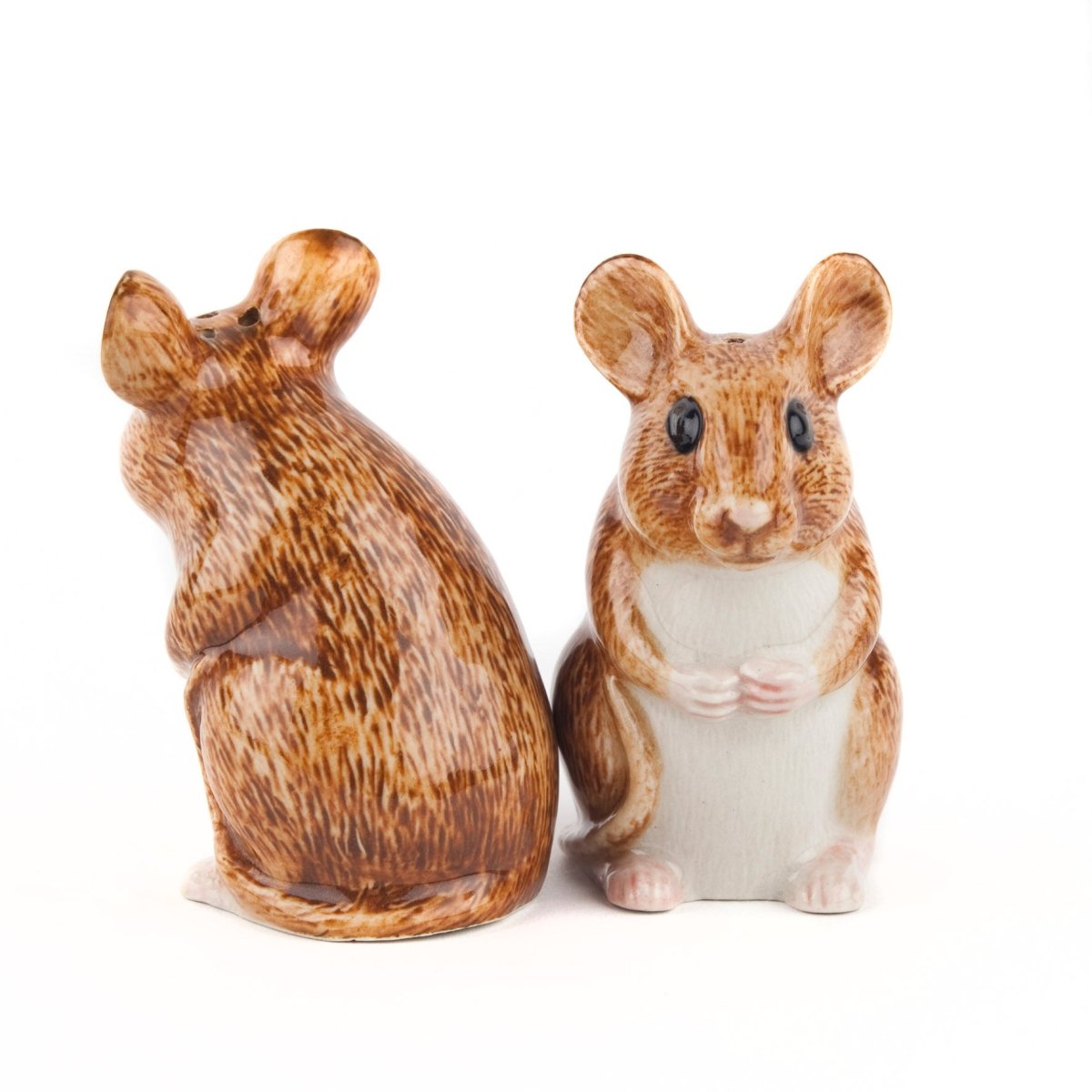 Wooden mouse-shaped salt and pepper shakers by Quail Ceramics, featuring detailed craftsmanship and natural wood finish.