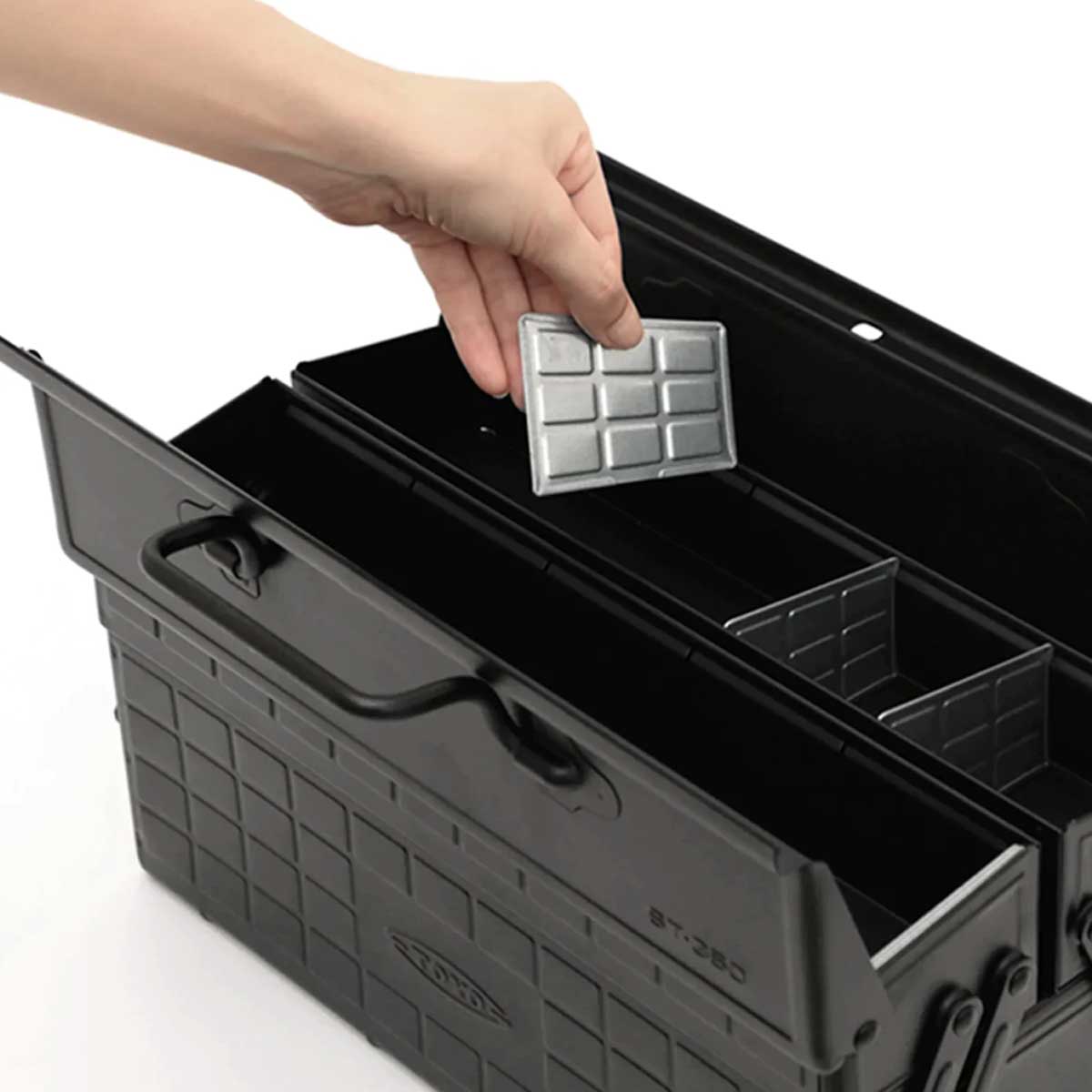 Robinson Two Tier Toolbox ST-350 in black, showing durable plastic construction with multiple storage compartments for tools.