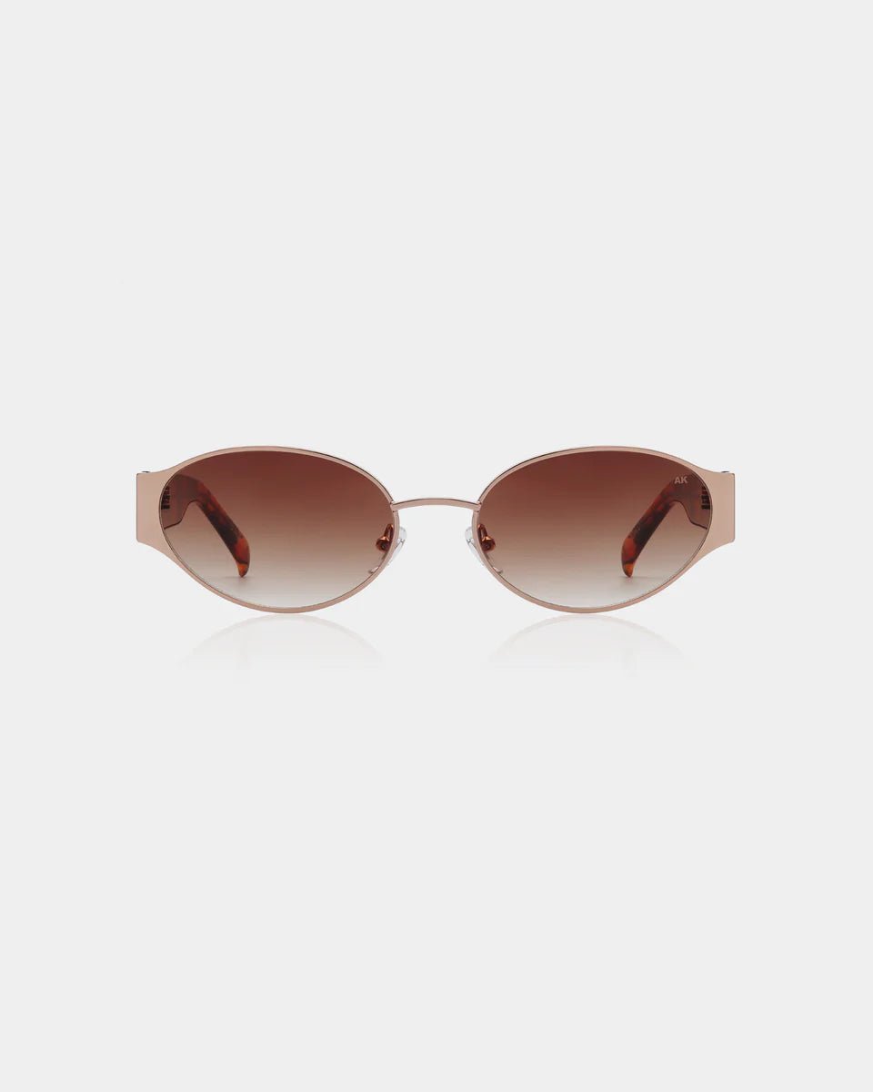 Rosegold Havana Bella sunglasses by A. Kjaerbede with round frames and tinted lenses, stylish and fashionable eyewear.