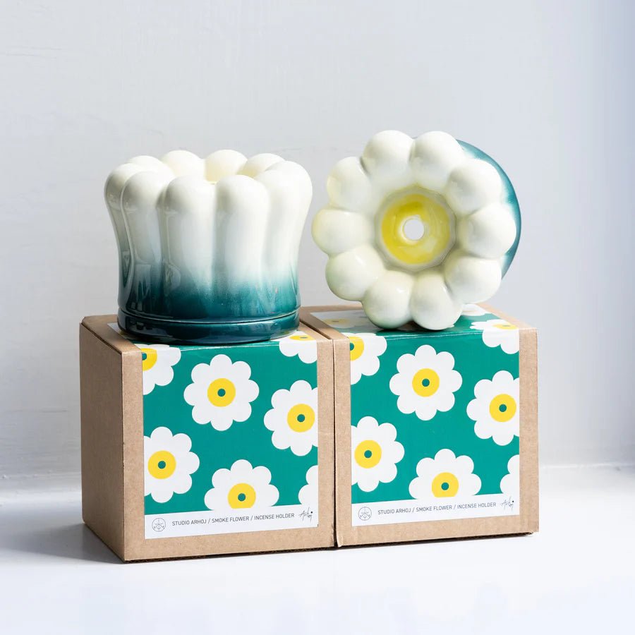 Studio Arhoj ceramic Smoke Flower incense holder featuring a colorful, flower-shaped ceramic design for burning incense sticks.