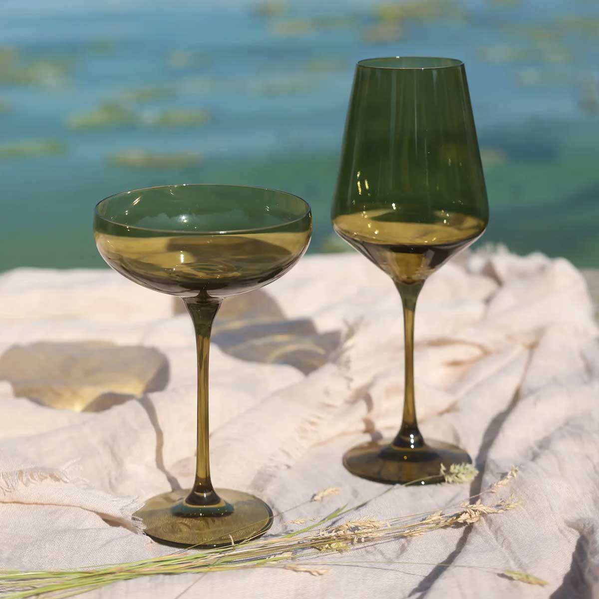 Set of six Ufer Glassware coloured wine glasses with Shadow Moon design, showcasing vibrant glassware for elegant wine serving.