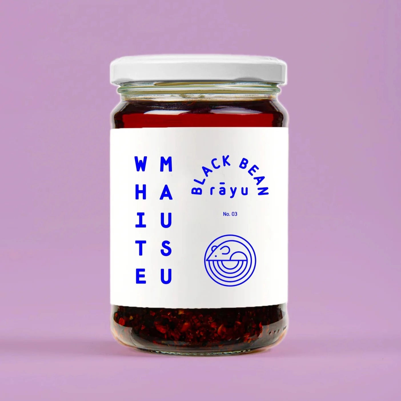 White Mausu Ltd Black Bean Rayu Sauce in a jar, showcasing a dark, flavorful Asian condiment with black beans and spicy rayu chili oil