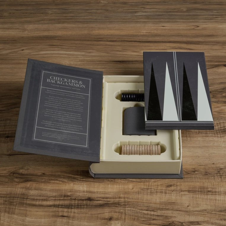 Vintage Checkers and Backgammon set by WS Game Company on a bookshelf, featuring classic game pieces and wooden board.