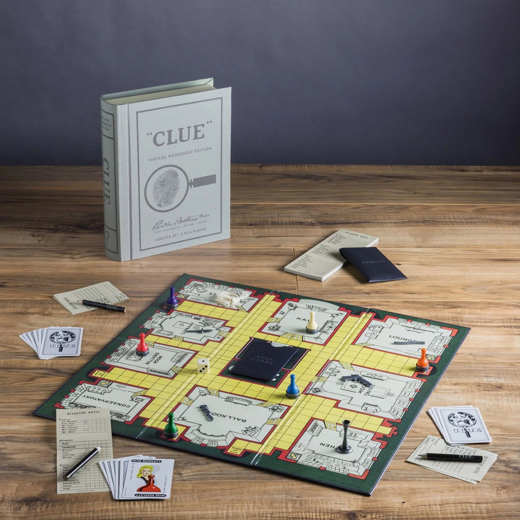 Clue Boardgame Vintage Bookshelf Edition by WS Game Company, featuring a classic detective mystery game with vintage-style artwork.