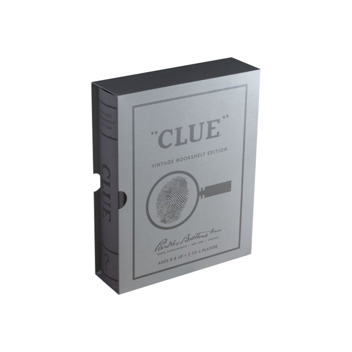 Clue Boardgame Vintage Bookshelf Edition by WS Game Company showing the game box with vintage book cover design