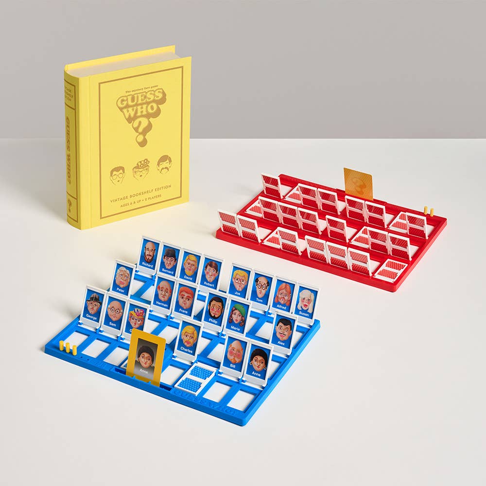 Guess Who? Vintage Bookshelf Edition game by WS Game Company, featuring classic character cards and vintage-themed packaging.