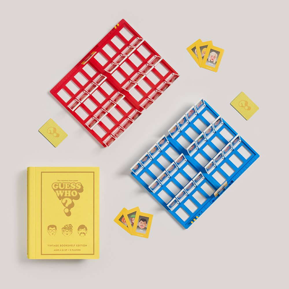 Guess Who? Vintage Bookshelf Edition game by WS Game Company, featuring classic character cards on a vintage-themed game board.