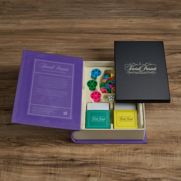 Vintage Bookshelf Edition of Trivial Pursuit game by WS Game Company, featuring classic game components on a bookshelf-themed box.