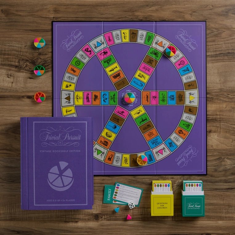 Vintage Bookshelf Edition of Trivial Pursuit board game by WS Game Company, featuring classic game pieces and retro packaging.