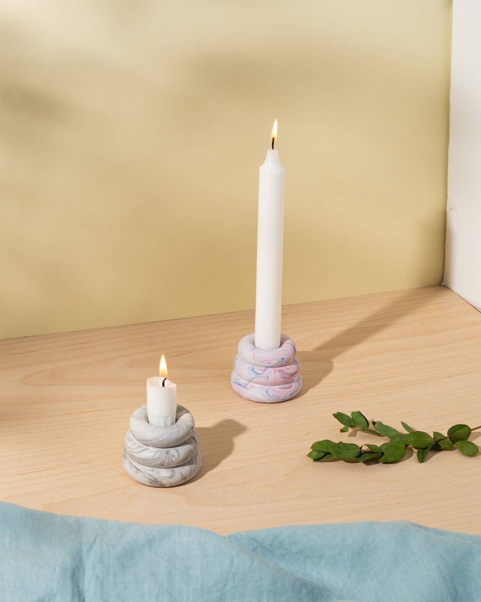 Grey marble Triple O Candleholder by YOD&CO with three circular holders on a sleek marble base.