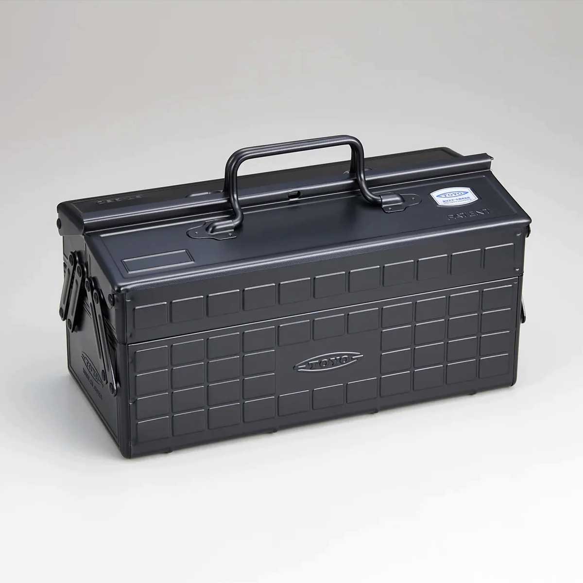Robinson Two Tier Toolbox ST-350 in black, showing multiple storage compartments and sturdy handle for organized tool storage.